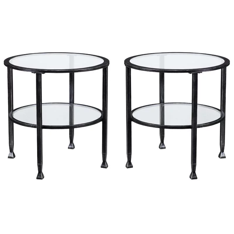 Home Square Jaymes Round Glass Top Metal End Table in Black - Set of 2