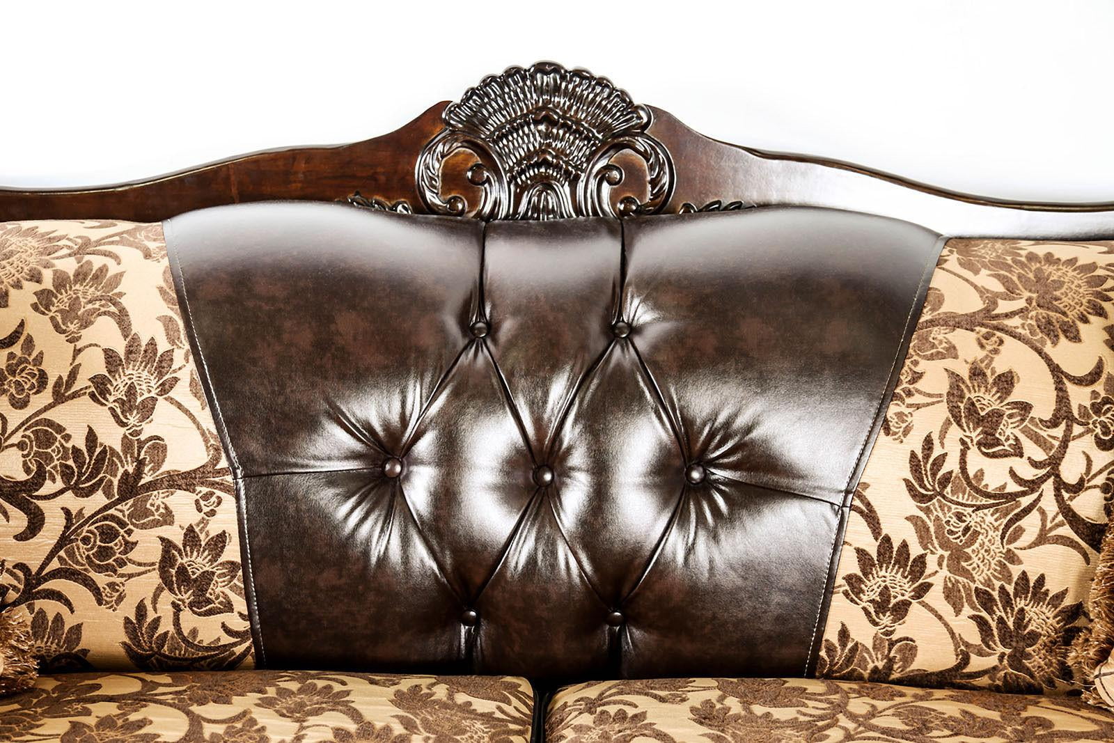 Traditional Tan & Dark Brown Chenille Sofa and Loveseat FOA Quirino