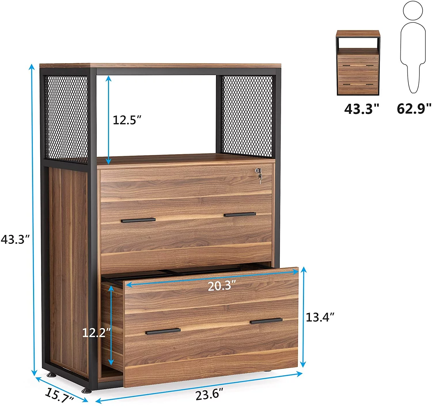 2-Drawer Lateral File Cabinets Legal Size, Large Filing Cabinet with Lock, Printer Stand with Open Storage Shelves for Study, Home Office (Walnut)