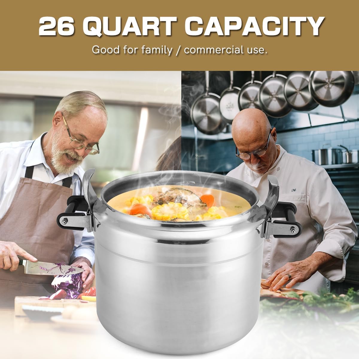 BreeRainz 26 Quart Clamp On Pressure Cooker, Aluminum Pressure Cooker w/Ultra Safe Clamp Bar Locking System