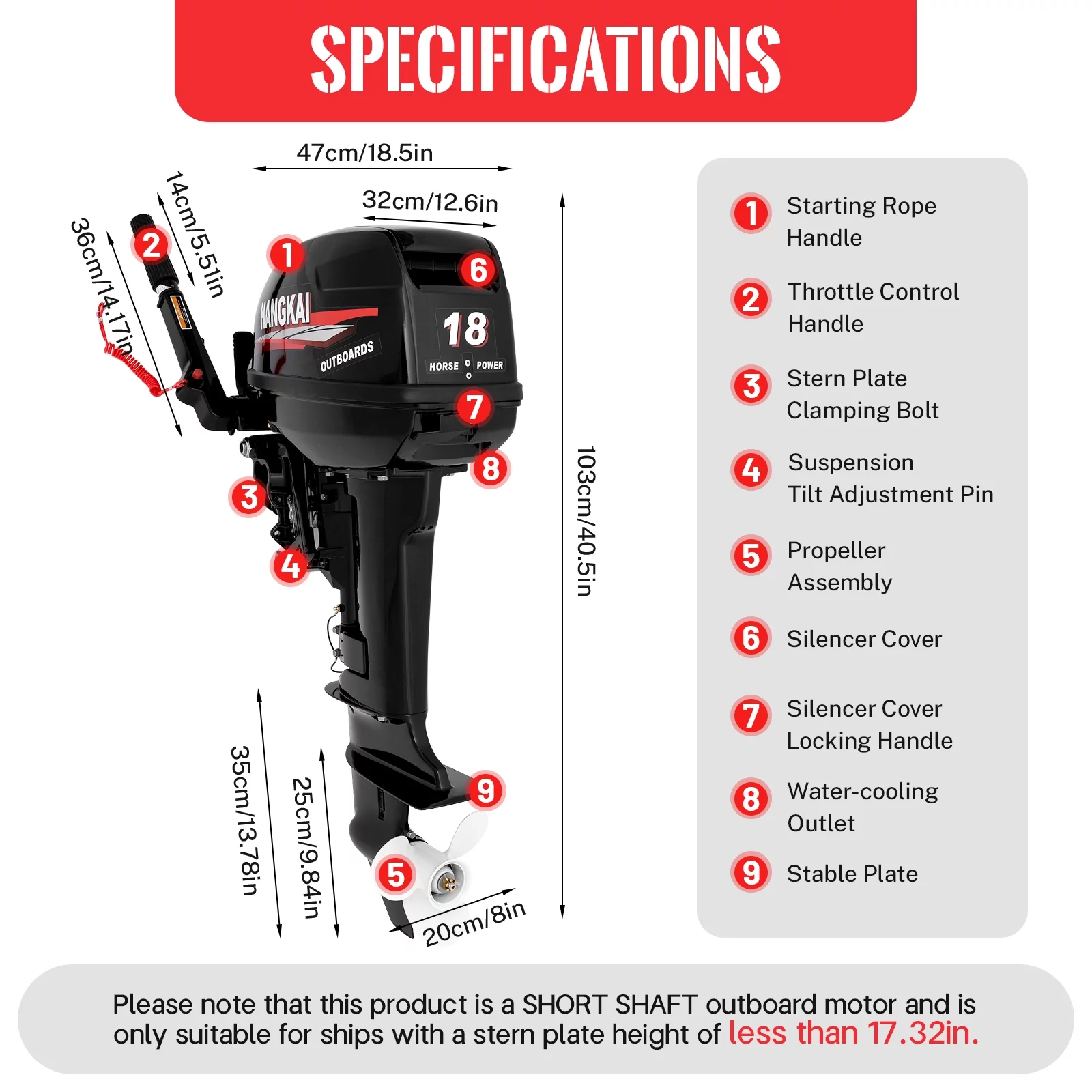 HANGKAI 2 Stroke 18HP Outboard Motor Boat Engine Water Cooling & CDI Short Shaft Marine Outboard Motor