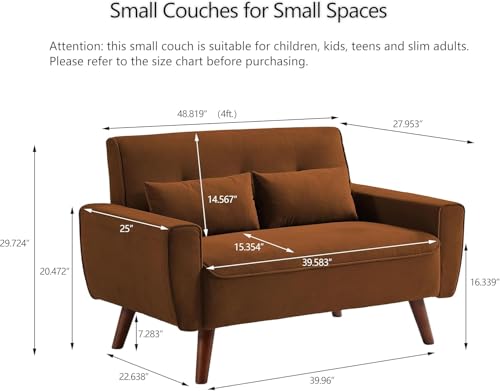48.8" Small Loveseat Sofa, Mid Century Modern Love Seat Couch with Back Cushions and Wood Legs, 2 Seater Couches for Living Room, Bedroom