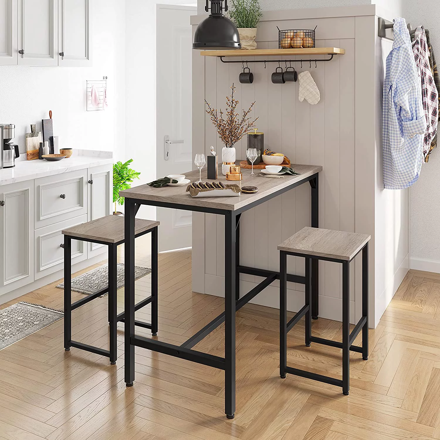 3 Piece Bar Table Set, 47.5” Industrial Counter Height Dining Table with Bar Stools Set of 2, Kitchen Breakfast Table and Chairs for Dining Room