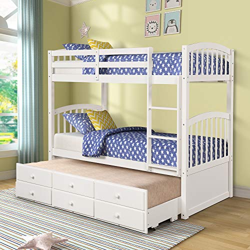 Harper & Bright Designs Twin Over Twin Bunk Bed with Trundle, Wooden Bunk Bed with 3 Storage Drawers and Safety Rail, Can be Convertible to 2 Beds
