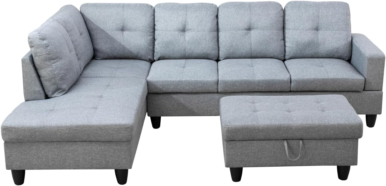 103" L-Shaped Sectional Sofa with Left Chaise Lounge, Storage Ottoman and 2 Throw Pillows
