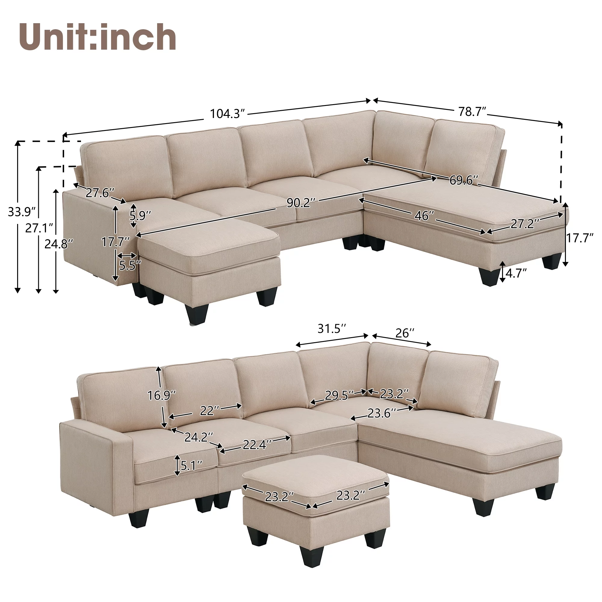 Modern L Shaped Sectional Sofa, 7 Seater Linen Modular Couch with Chaise Lounge and Convertible Ottoman for Living Room Office - Radiant Selections
