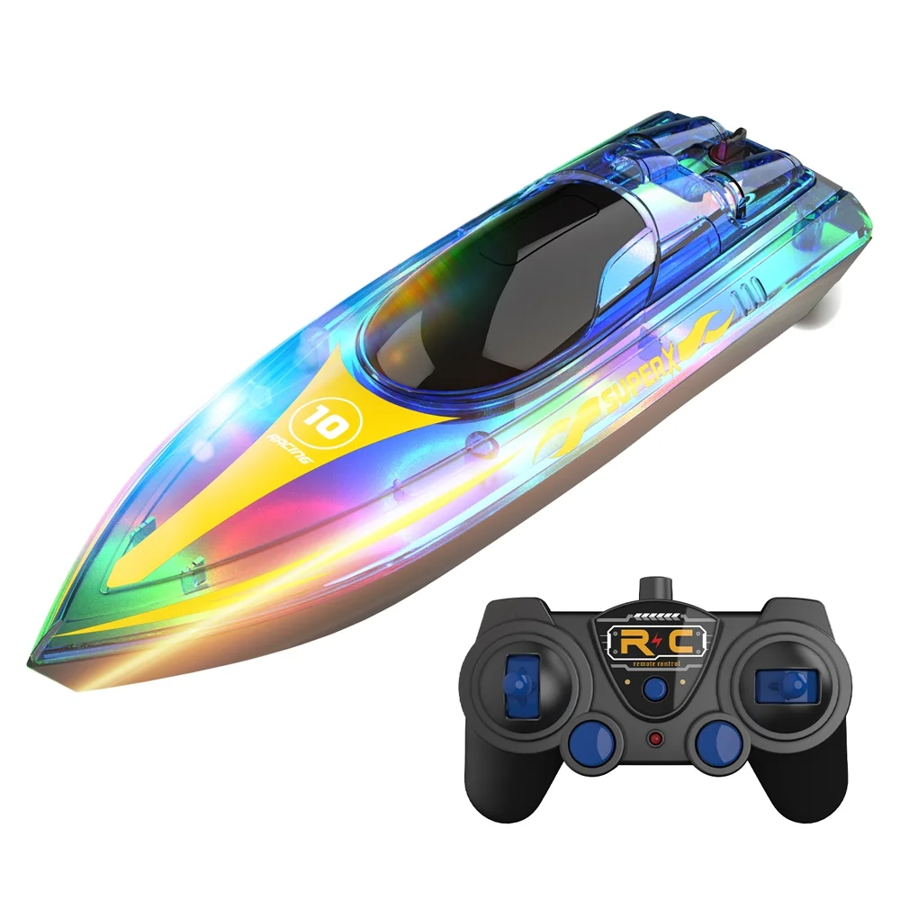 OWSOO 2.4GHz Remote Control Boat with Lights Electric Racing Boat Outdoor Pools Lakes Boat with Night Water Sensor Switch Low-Battery Reminder for