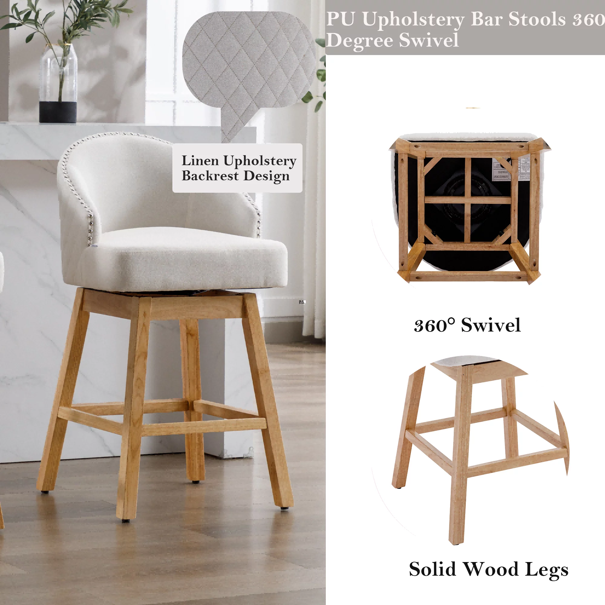 360 Degree Swivel Bar Stools, Counter Height Barstools, Modern Upholstered Bar Stools with Nailhead Trim Bar Chairs, 27 Inch Kitchen Island Bar Chair