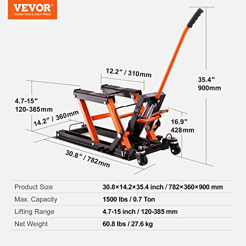 VEVOR Hydraulic Motorcycle Lift Jack 1500 LBS Capacity ATV Scissor Lift Jack Portable Motorcycle Lift Table with 4 Wheels Hydraulic Foot-Operated