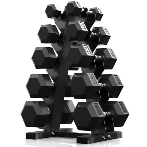 PAPABABE Hex Dumbbell Sets with Rack, 60-550lb Rubber Coated Dumbbell Weight Set and Storage Rack, Multiple Options Hand Weights for Strength Training