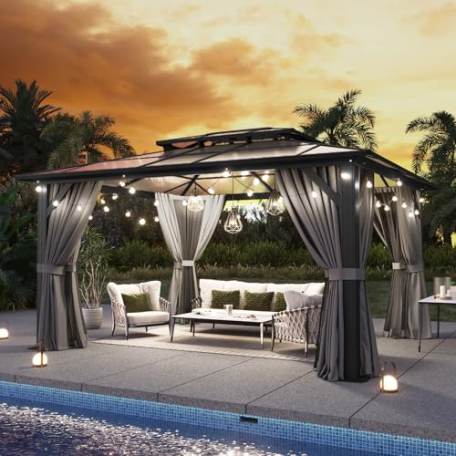 Aoxun 12'x10' Hardtop Gazebo, Aluminum Frame Permanent Pavilion with Curtains and Netting, Outdoor Polycarbonate Double Roof Canopy