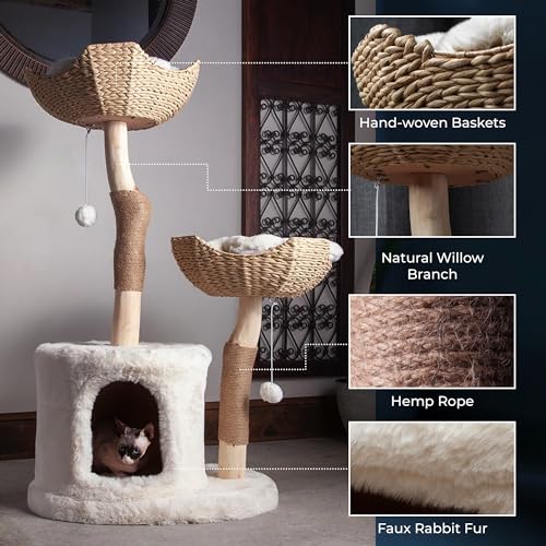 The Sanctuary Cat Tree - Luxury Cat Condo, Large Modern Indoor Tower with 3 Faux Fur Beds, Scratching Posts, and Toys for Cats