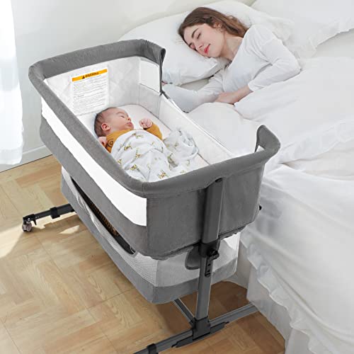 Ihoming Baby Bassinet Bedside Sleeper, 3 in 1 Convertible Design, lnfant Bed & Bed Side Sleeper & Cradle Bassinets