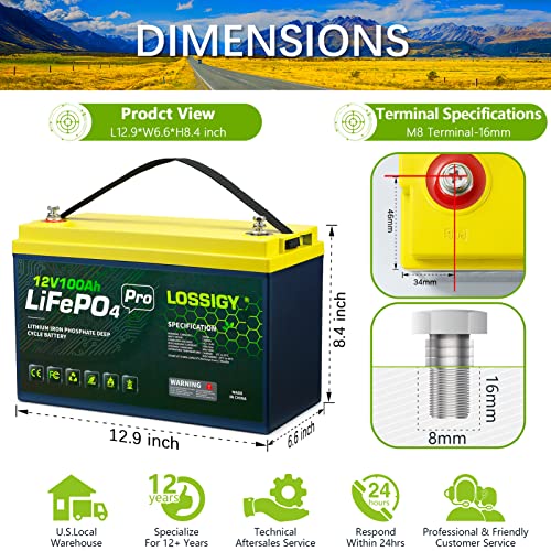 LOSSIGY 12V 100Ah Lifepo4 Lithium Battery, 1280WH with 100A BMS, Perfect for 24V Trolling Motor, Home Energy Stroage, RV, Solar System