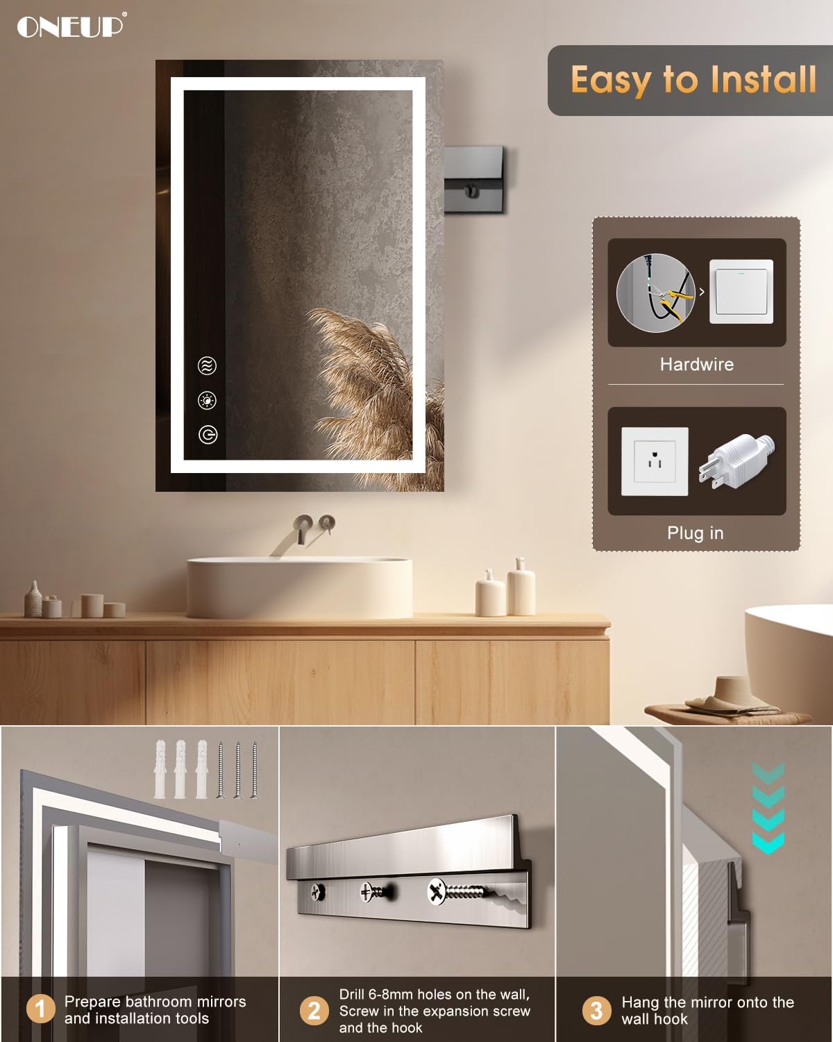24''x36'' Bathroom Mirror with Lights,Front Lighted Bathroom Mirrors for Wall,Anti-Fog Smart Vanity Mirror,Touch Button and Memory Function