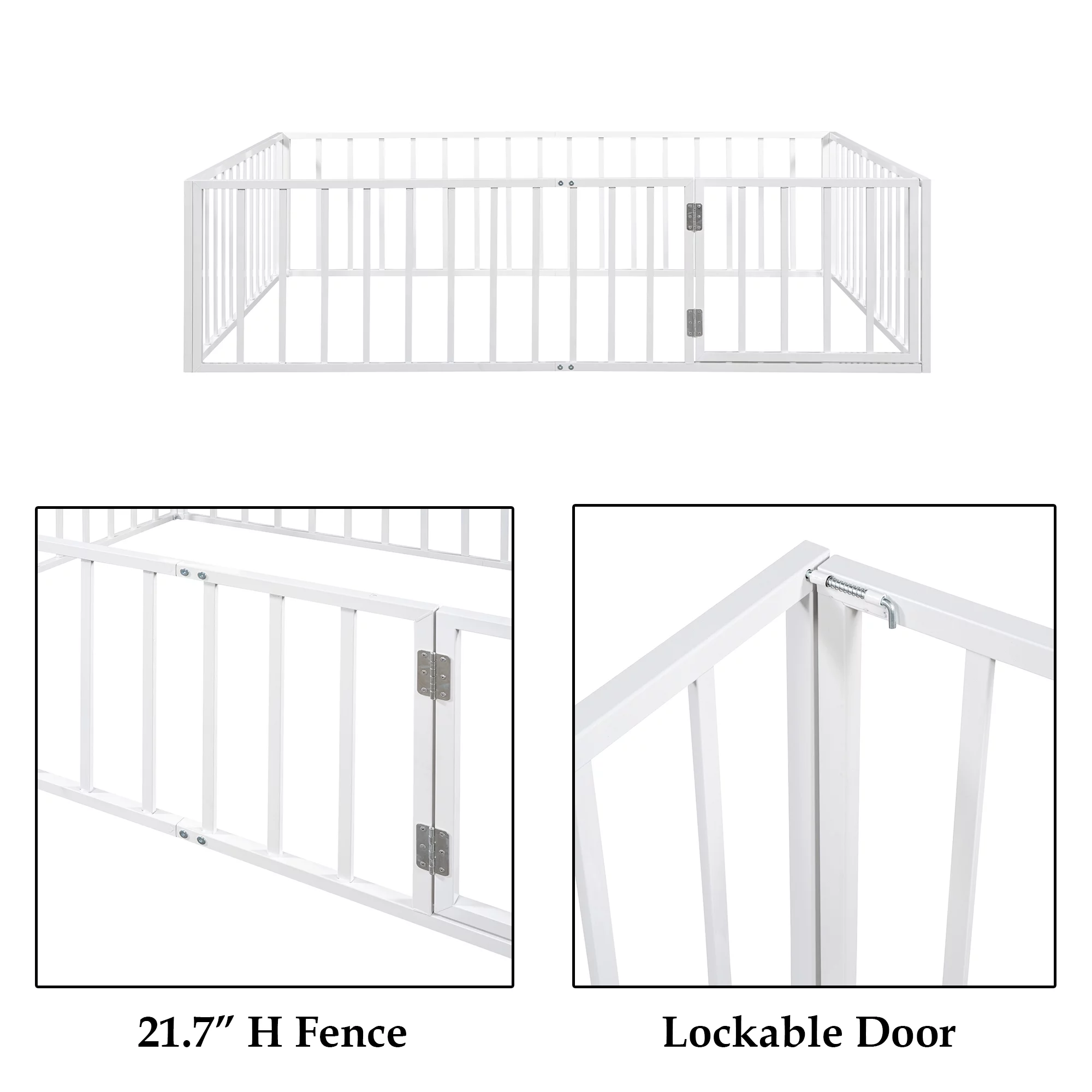 Bellemave Queen Floor Bed with Fence Rails and Lockable Door Queen Metal Floor Bed for Toddler, Child, Boys