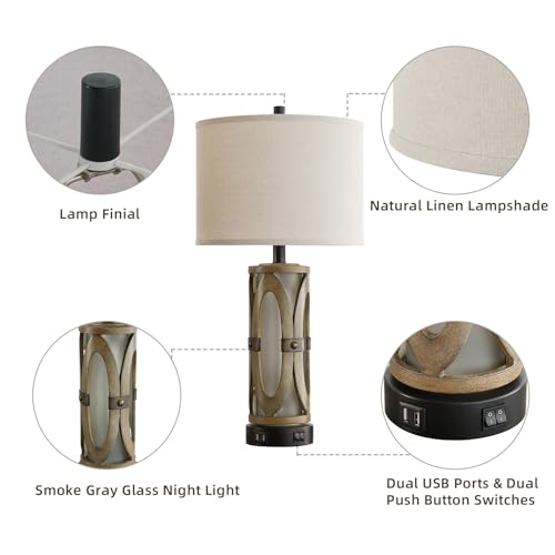 Table lamps for Living Room Set of 2, Rustic Farmhouse Nightstand Lamp with Dual USB Ports