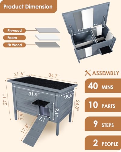 Ivy&Lane Outdoor-Cat-House | Insulated-Feral-Cat-Shelter | Weatherproof | for Winter | Foam & Wood | Large | for Multiple Cats | Fold-up Stair |