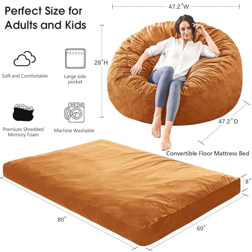 Bean Bag Chairs for Adults - Giant Bean Bag Chair Convertible Bean Bag Bed - Beanbag Chair with Micro Fiber Cover/Furniture Foam Filler