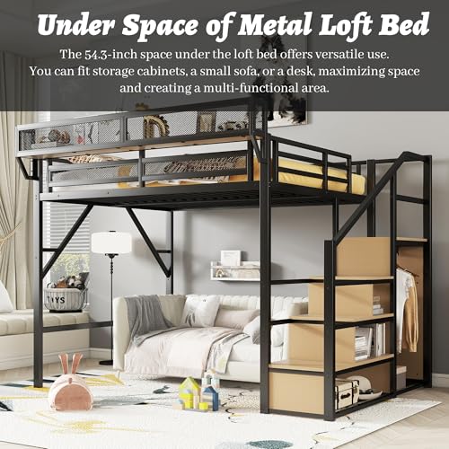 Full Size Loft Bed with Desk and Stairs, Heavy-Duty Steel Loft Bed Frame with Wardrobe & LED Light