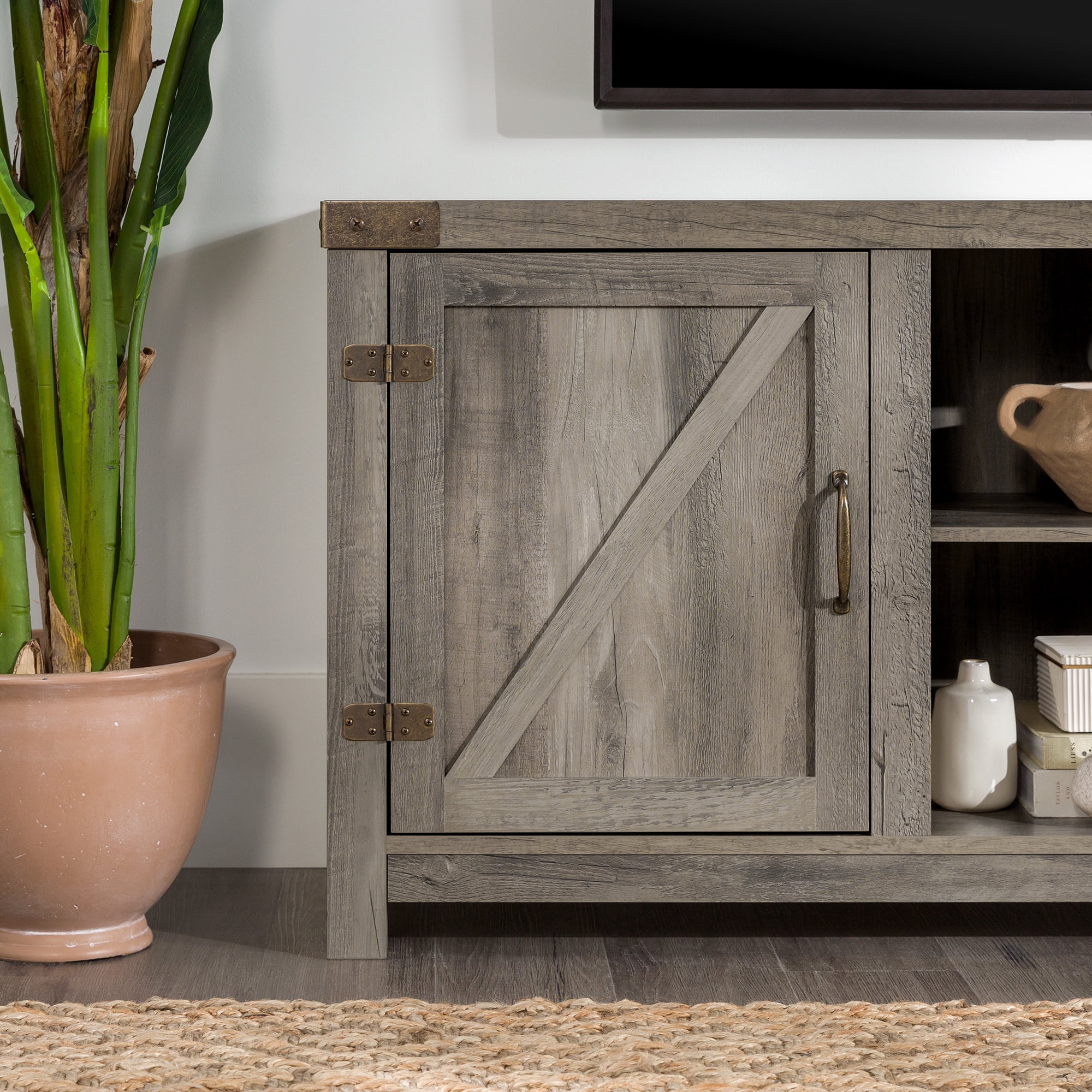 Walker Edison Modern Farmhouse Barn Door TV Stand for TVs up to 65, Grey Wash
