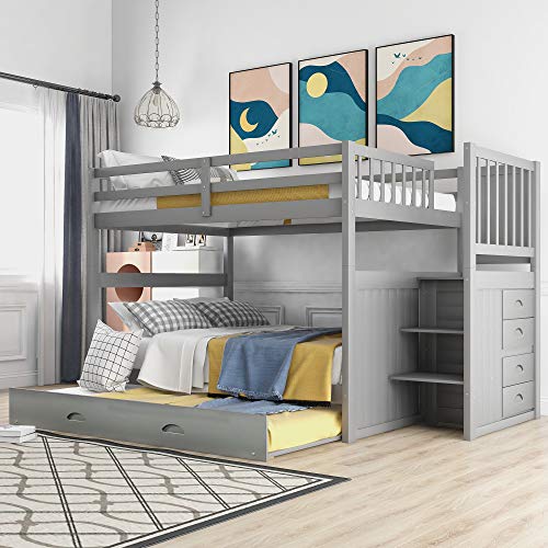 Ball & Cast Full Over Full Bunk Bed with Twin Size Trundle and Built in 4 Drawer,Wood Bunkbed w/Storage Ladder & Slat Support