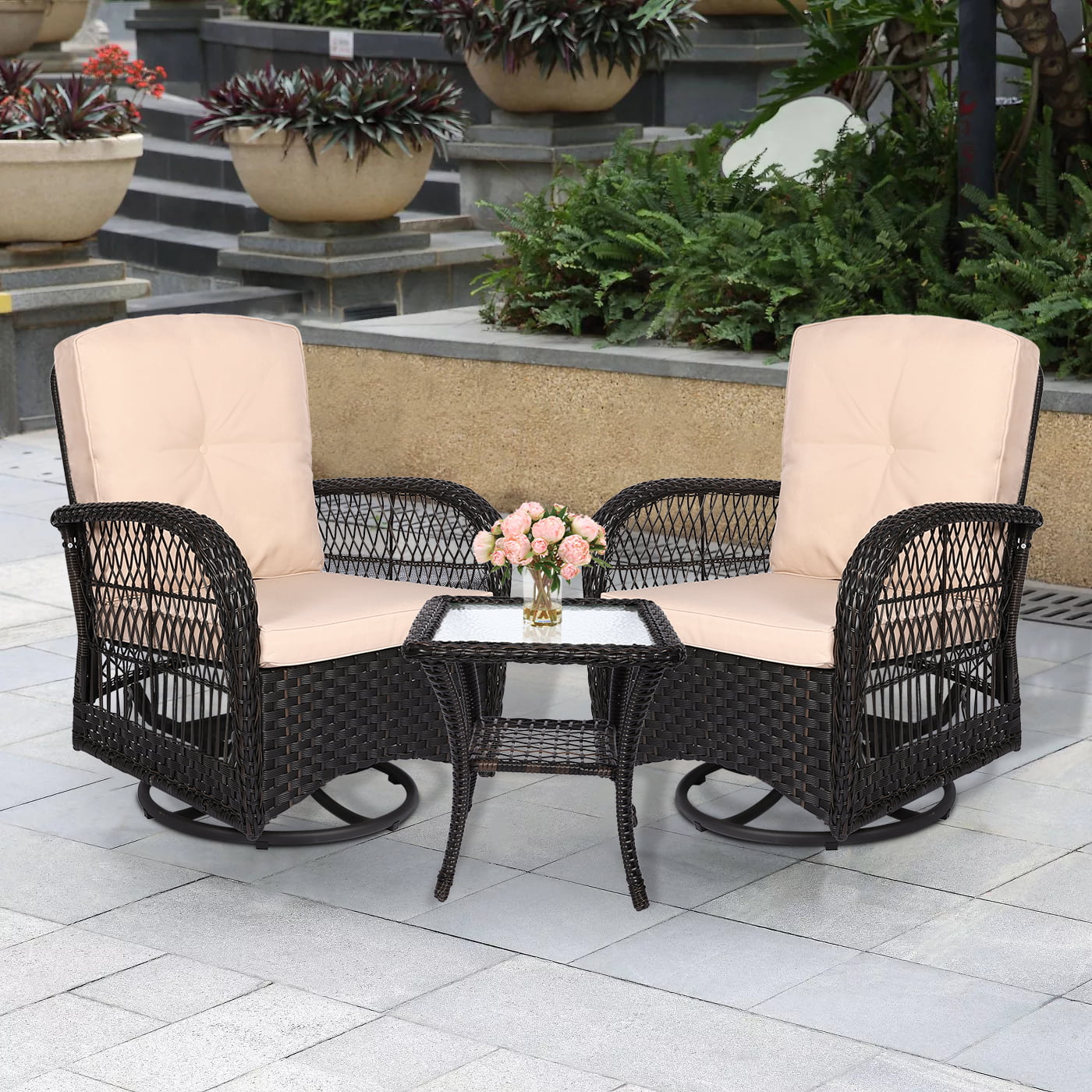 MEETWARM 3 Pieces Outdoor Wicker Swivel Rocker Patio Set