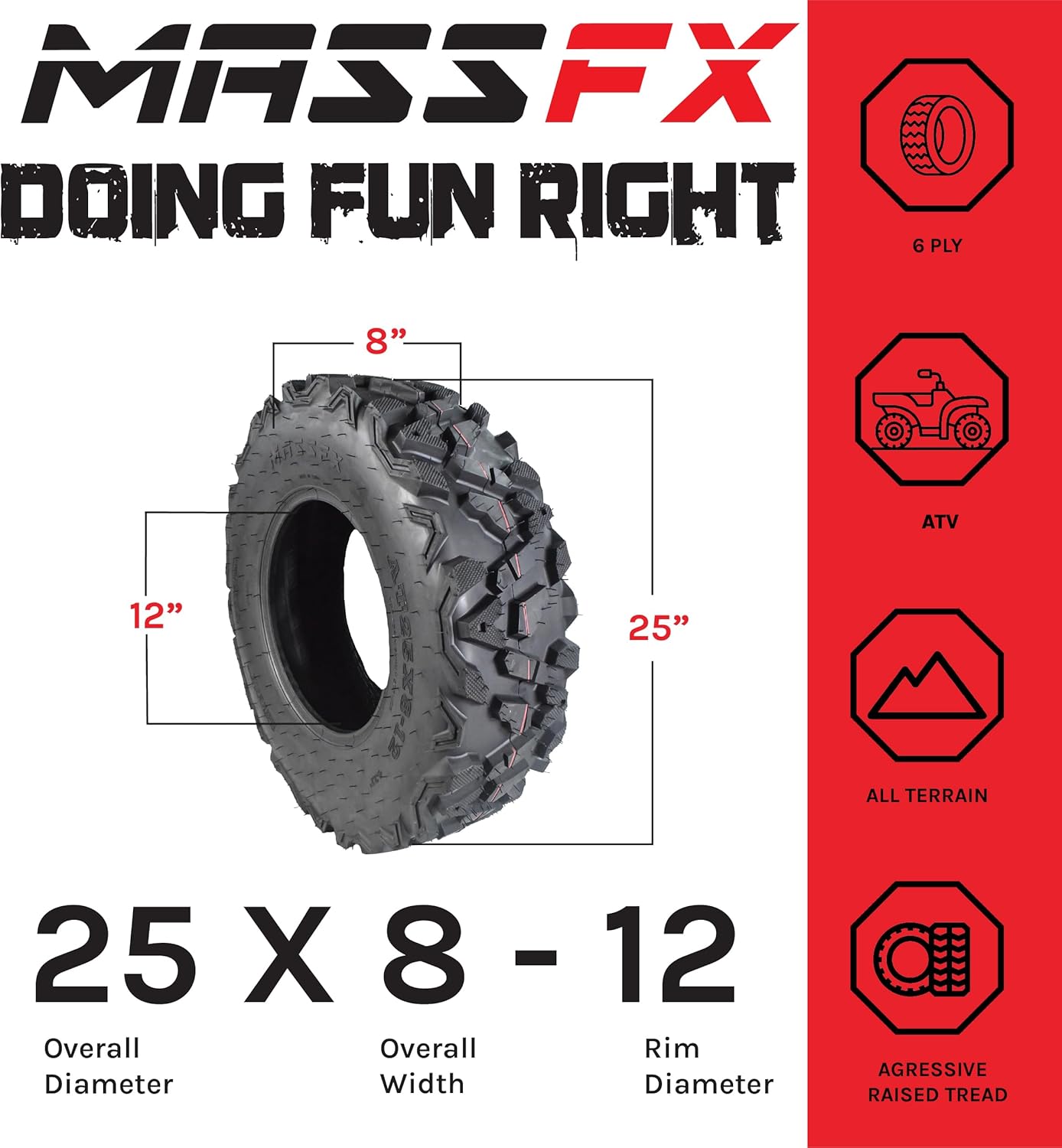 4 New 25x8-12 25x10-12 KT MASSFX ATV UTV all-terrain Tire Set 6 PLY 25" 25x8x12 25x10x12 Tubeless Tires