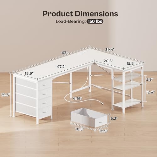Huuger 63 Inch L Shaped Desk with Fabric Drawers, Reversible Computer Gaming Desk with Power Outlets and USB-C Port, Adjustable Side Storage Shelves
