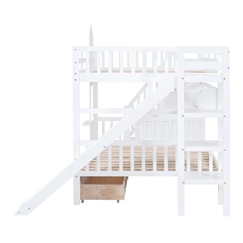 SOFTSEA Twin Over Twin Bunk Bed with Slide and Storage Solid Wood Bunk Bed Frame with Staircase and Drawers, Pink