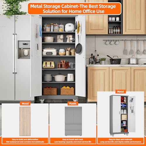 Aobabo 71" H×32" W×16" D Metal Storage Cabinet with Wheels, Garage Steel Storage Cabinet with 5 Adjustable Shelves and 4 Hooks for Home Office