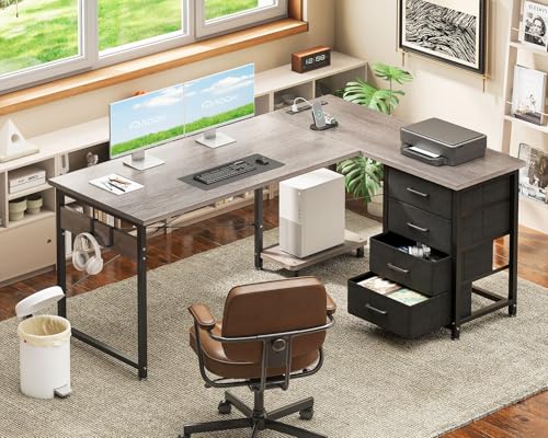 AODK L Shaped Gaming Desk with 4 Drawers, 61" Reversible Home Office Desks with Power Outlets