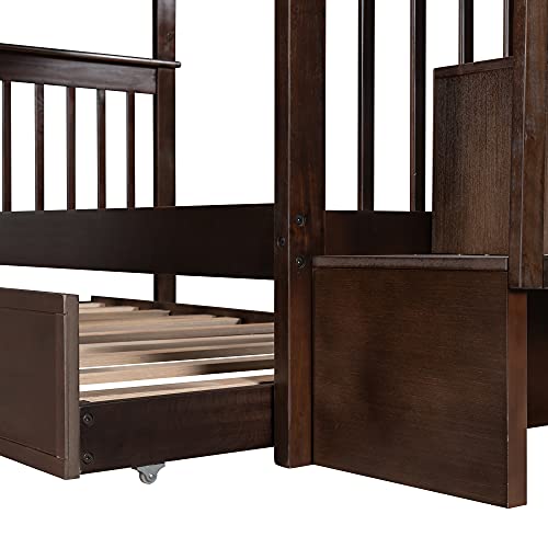 Harper & Bright Designs Twin Over Twin Bunk Bed with Stairs and Trundle, Solid Wood Stairway Bunk Bed Frame with Storage