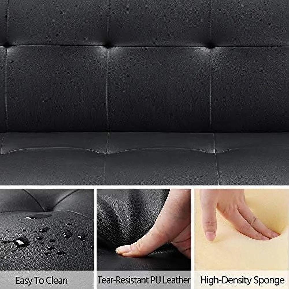 RUNFAYBIU Modern Folding Futon Loveseat Black Faux Leather Futon Sleeper Bed Convertible Futon Couch Bed for Living Room