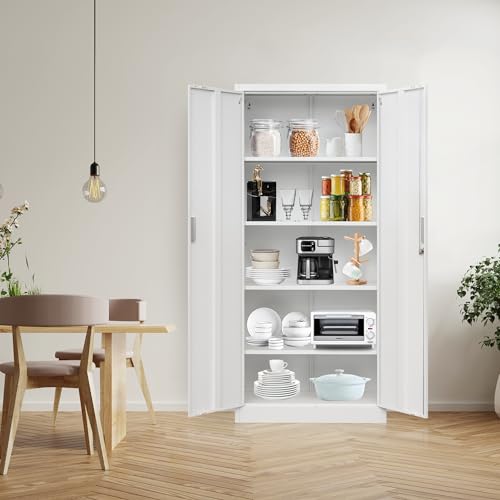 Metal Storage Cabinet, 72" H x 36" W x 18" D Locking Cabinet with Adjustable Shelves, Steel Storage Cabinets for Garage, Home, Office, Pantry (White)