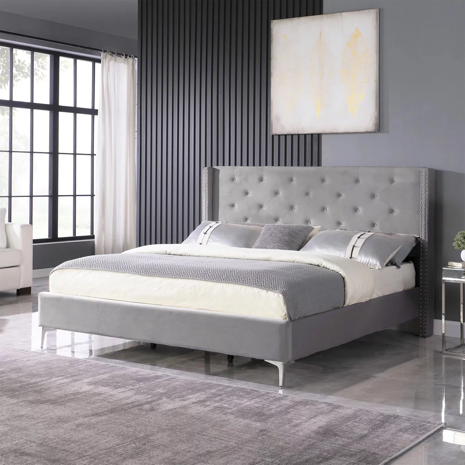 Morden Fort Wood Platform Bed Frame with Upholstered Headboard California King Gray