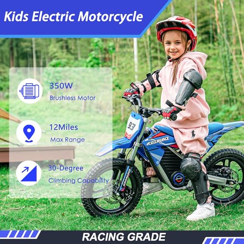 OLALA 36V Electric Dirt Bike for Kids Aged 4-8, Brushless 350W Racing Grade Electric Motorcycle, Up to 18.6MPH & 3 Speed Settings, Dual Disc Brakes