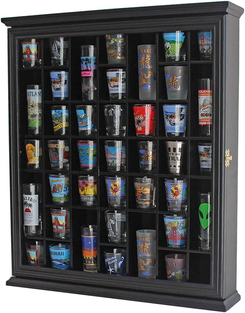 41 Shot Glass Display Case Holder Bar Collection Cabinet Wall Rack Shadow Box with Glass Door Black