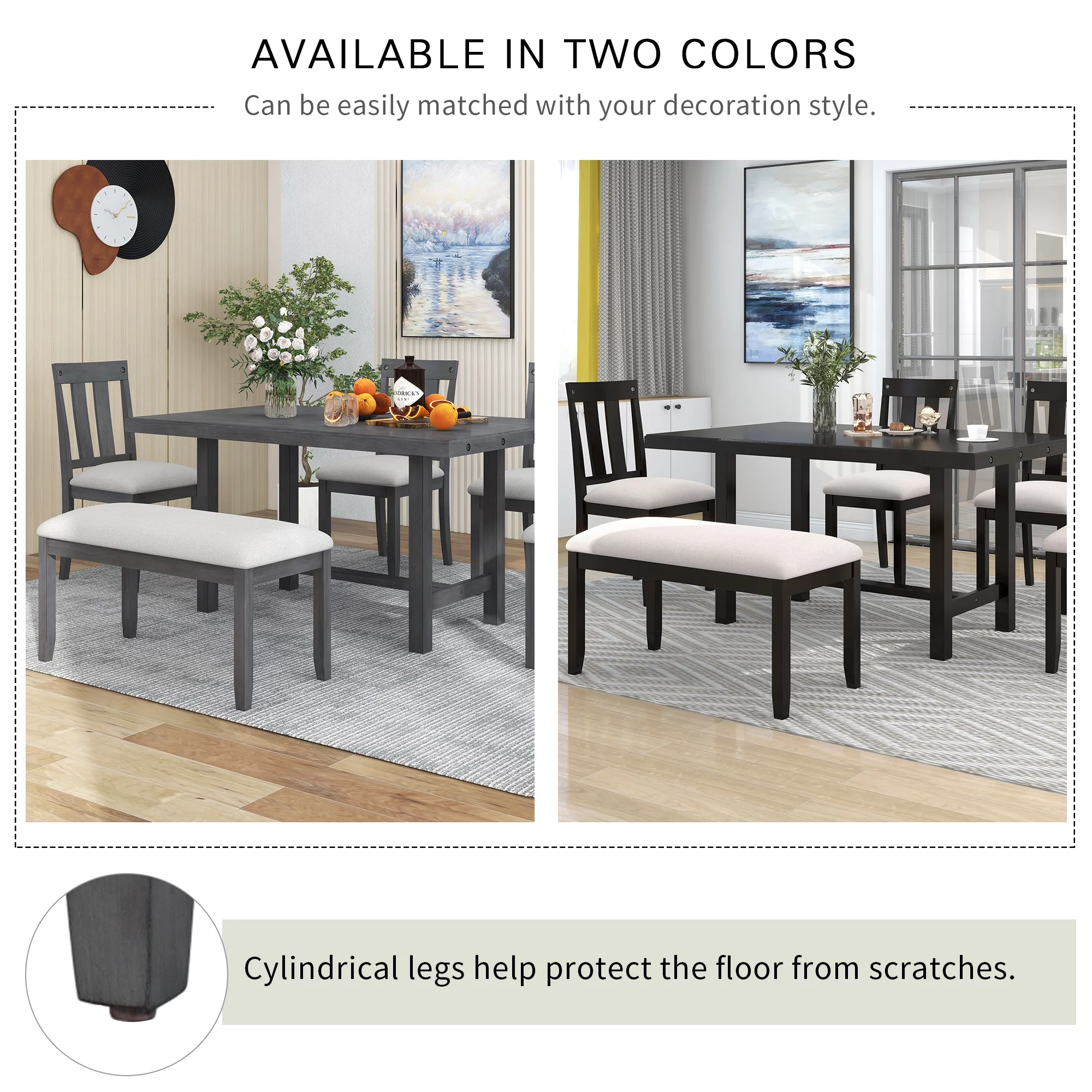 Churanty Rustic Farmhouse Dining Table Set for 7 Wooden Rectangular Table and 4 Upholstered Chairs & Bench for Dining Room,Gray