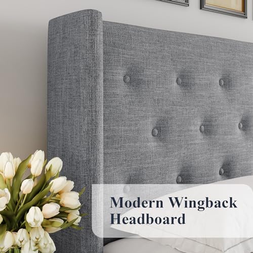 Allewie Full Size Lift Up Storage Bed, Modern Wingback Headboard, Hydraulic Support, No Box Spring Needed, Light Beige