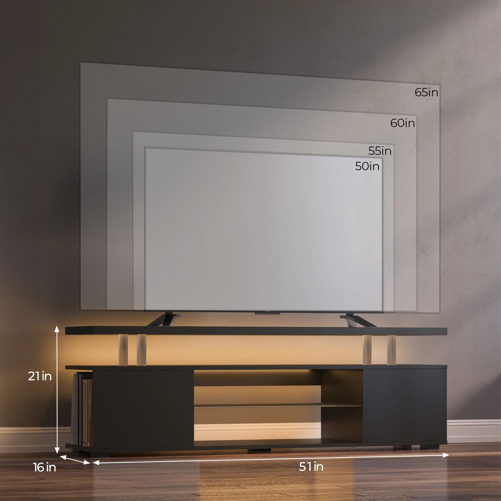 LED Entertainment Center with Glass Shelf，TV Stand for 60 Inch TV, Media TV Console with Over-sized Storage Space
