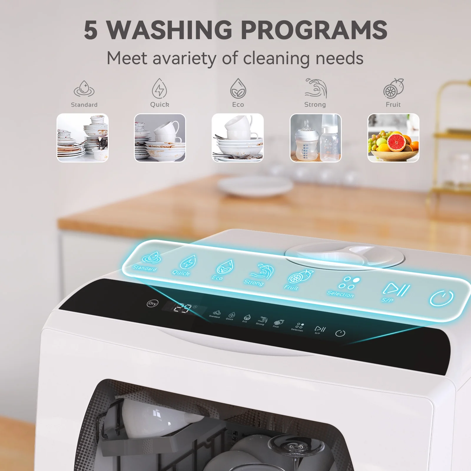 Hermitlux Portable Countertop Dishwasher, 5 Washing Programs, 5L Built-in Water Tank and Air-Dry Function, HMX-DW03