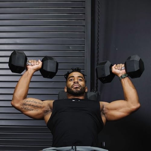 Titan Fitness 55-100 LB Pair Free Weights, Black Rubber Coated Hex Dumbbell, Ergonomic Chrome Handle, Strength Training, Full Body Workout
