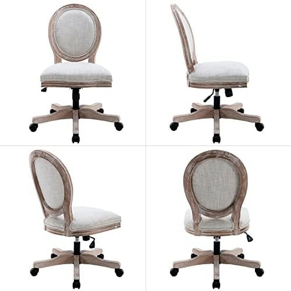 Rattan Back Linen Office Chair  Adjustable Height Swivel Task Chair with Wood Frame Armless Desk Chair with Wheels Upholstered Round Back Vanity