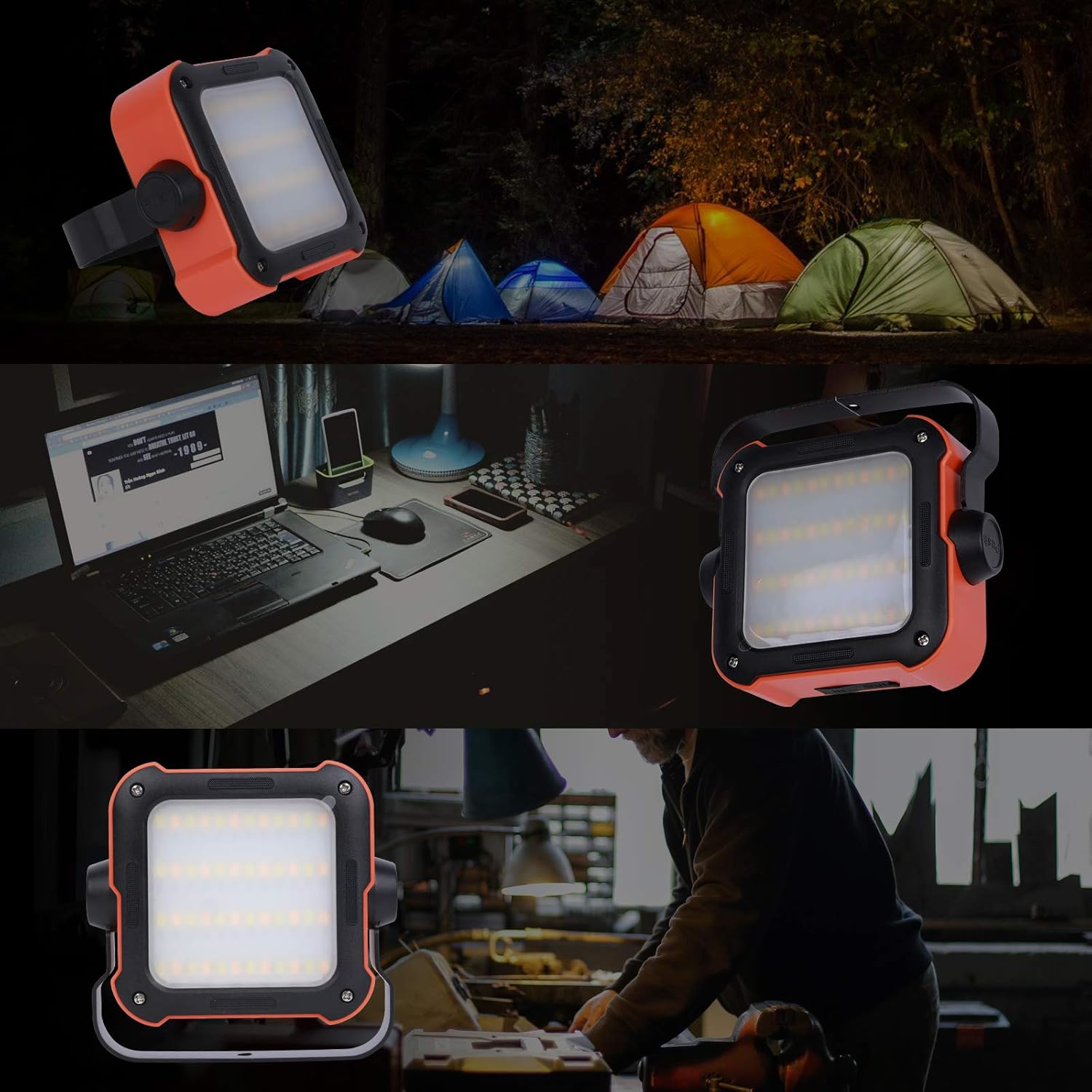 LED Work Lights Portable Rechargeable USB Camping Floodlight with 10000mAh Power Bank Outdoor Waterproof Emergency Light for Car Repairing Jobbing