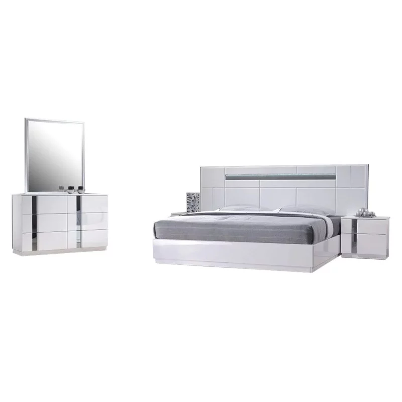 Palermo Modern Bedroom Set, White Lacquer, 5-Piece Set, King Size - Radiant Selections