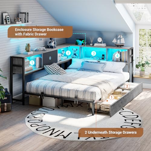 Hasuit Corner Bed Frame with Storage Bookcase, Twin Daybed with Storage Drawers Underneath, Kids Bed Unit with Charging Station and LED Light