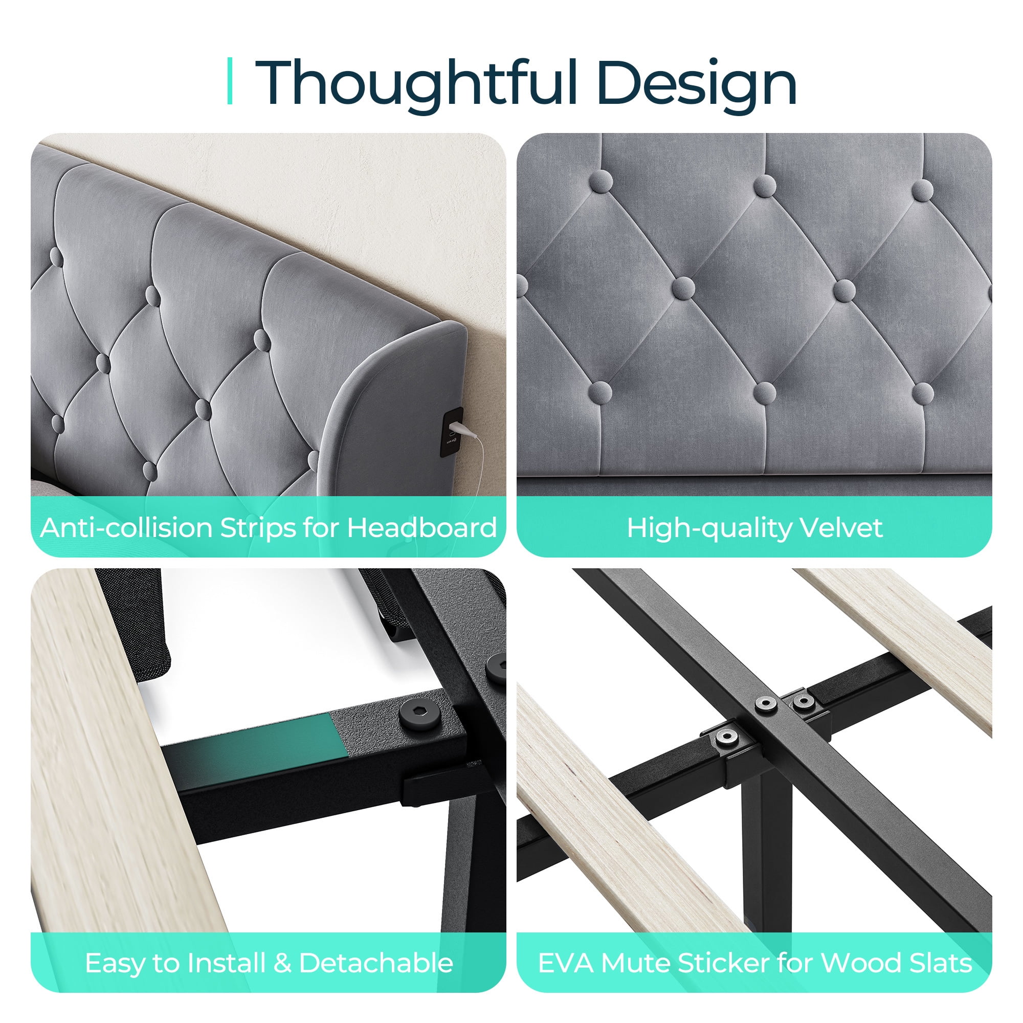 Linsy Home Upholstered Full Size Platform Bed Frame with Headboard and 4 Storage Drawers, Storage Bed with Remote RGB Lights & Fast Charger