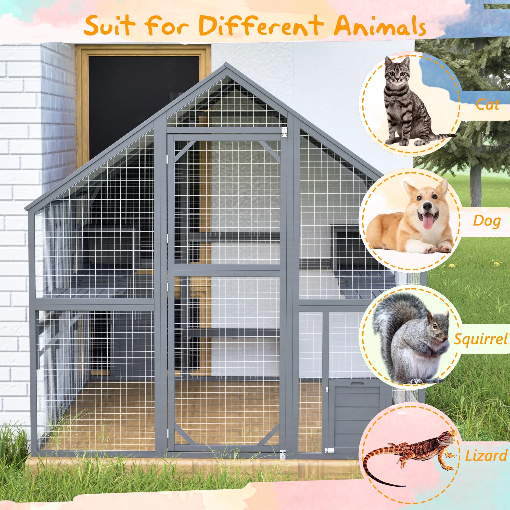 Montary Catio Outdoor Cat Enclosure with Window Access, 4-Tier Cat House with Wheels, Waterproof Roof &amp; Resting Box, Large Gray Cage