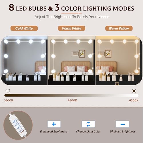 Vanity Desk with Mirror and Lights Dimmable LED Makeup Table with Drawers Side Cabinet 3 Storage Shelves Power Outlet Dressing Table Set Include